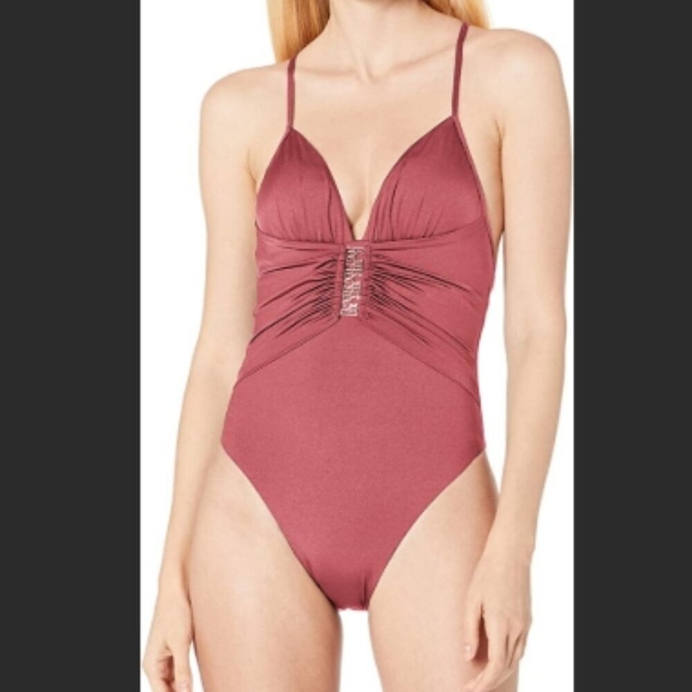BCBGMAXAZRIA Women's Plunging V-Neckline Shirred Solid Color One Piece Swimsuit